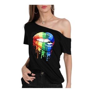 MAGICMK Rainbow Lips‎ Print Causal Off The Shoulder Shirt NWOT